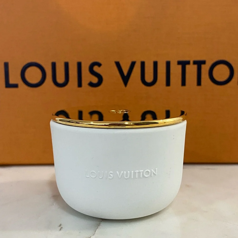 Authentic Louis Vuitton Ceramic Scented Candle with Gold Lid Accent
